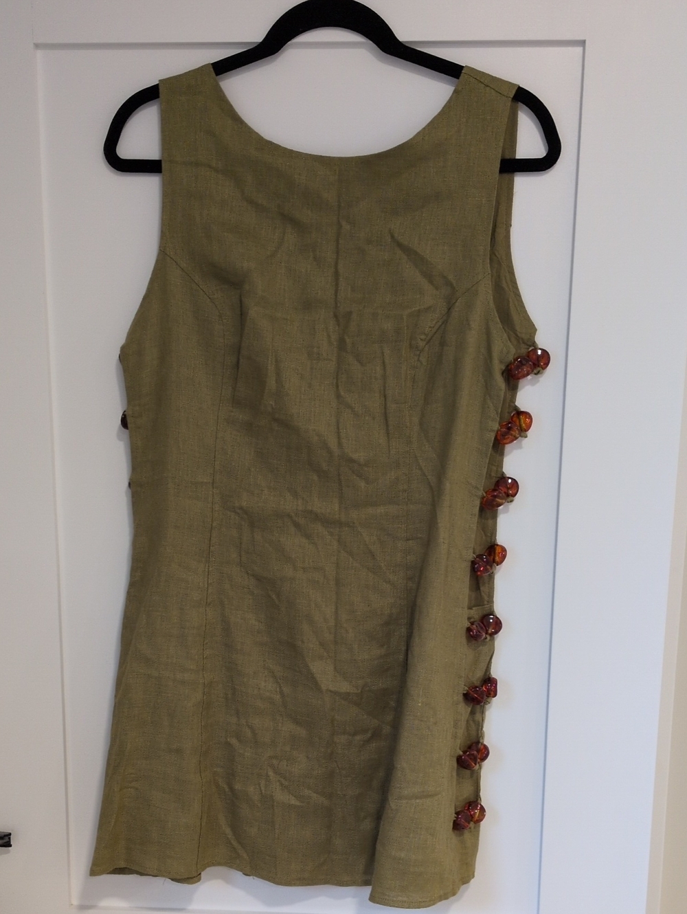 Olive Green Sleeveless Linen-Blend Dress with Side Button Accents